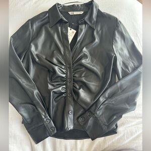 Zara Black Faux Leather Button Down Shirt